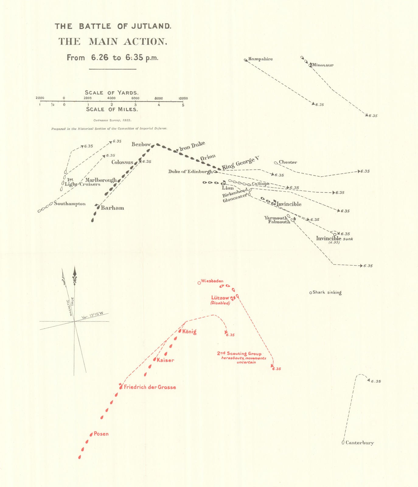 Battle of Jutland. Main Action. 6.26-6.35 pm 31 May 1916. WW1. 1923 old map